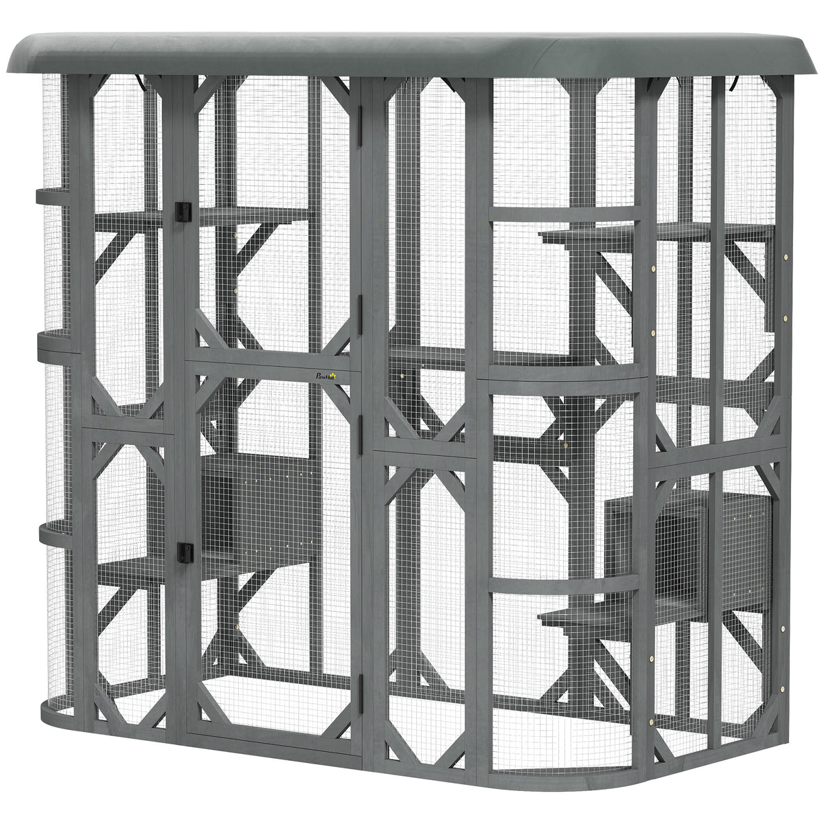 Catio Outdoor Cat Enclosure, 71" Wooden Cat House with Platforms, Condos and Waterproof Cover for 2–3 Kittens, Grey