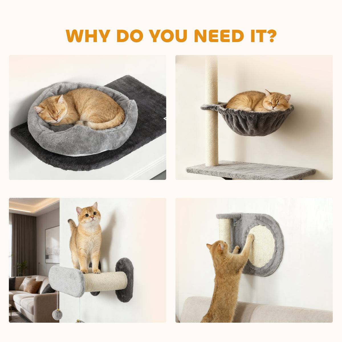 4Pcs Cat Wall Shelves with Scratching Post & Pad, Condo, Hammock, Bed, Step, Hanging Pompoms, Perches