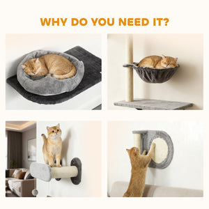 4Pcs Cat Wall Shelves with Scratching Post & Pad, Condo, Hammock, Bed, Step, Hanging Pompoms, Perches