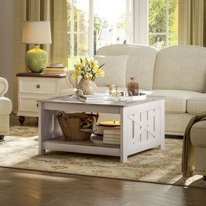 31.5" Square Coffee Table, Farmhouse 2-Tier Center Table for Living Room, Distressed Oak and Brown