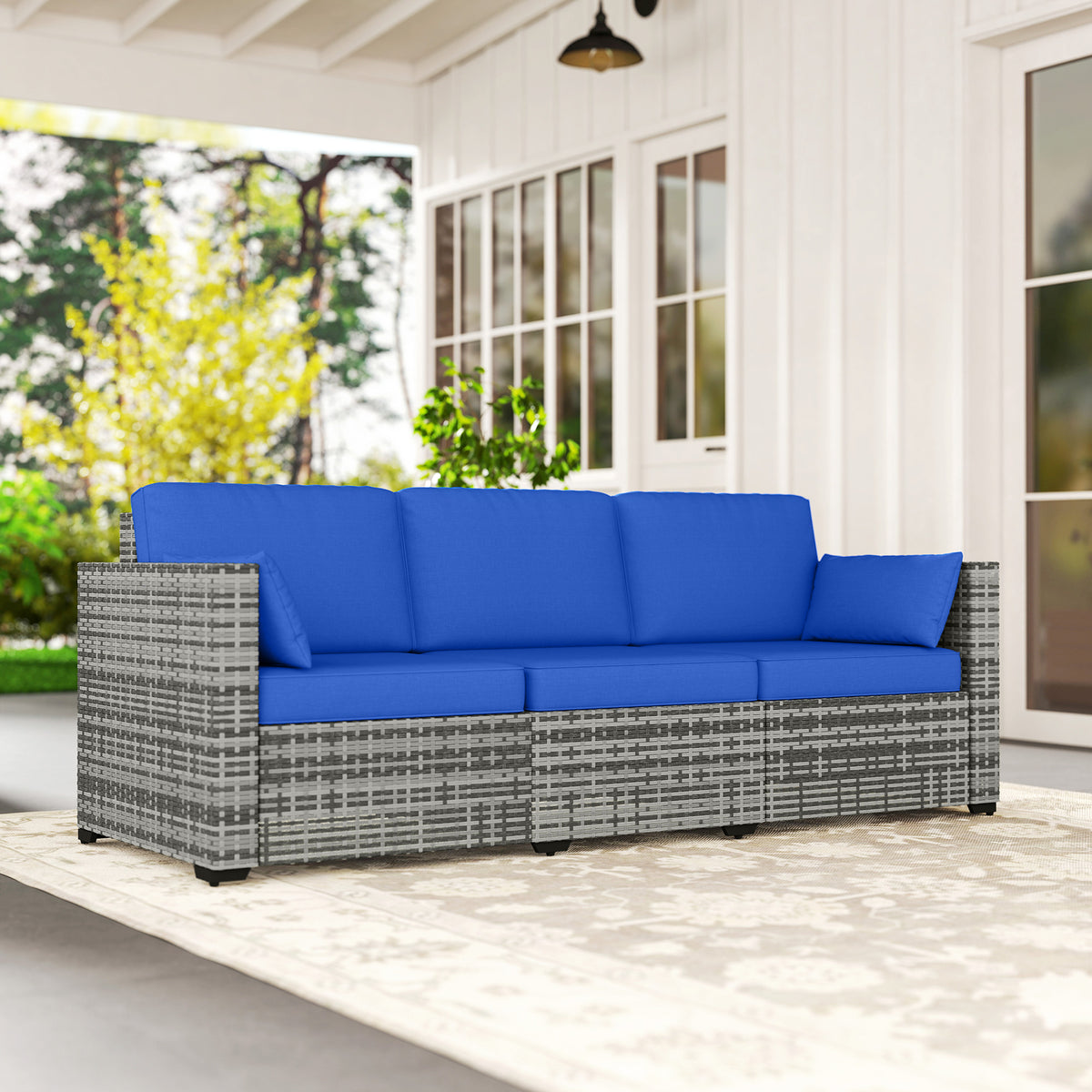 3-Seater Outdoor Sofa with Cushions, PE Rattan Conversation Patio Couch with Pillows for Garden, Poolside, Blue
