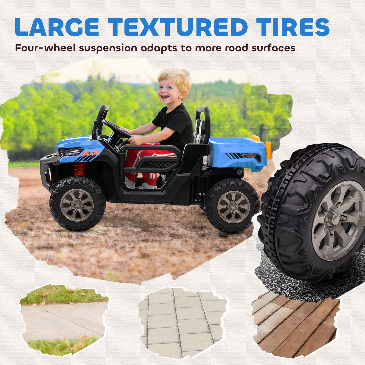 Aosom 12V Ride on Car with Electric Bucket, Two-Seater, Shovel, Remote Control, Spring Suspension, Horn, Music