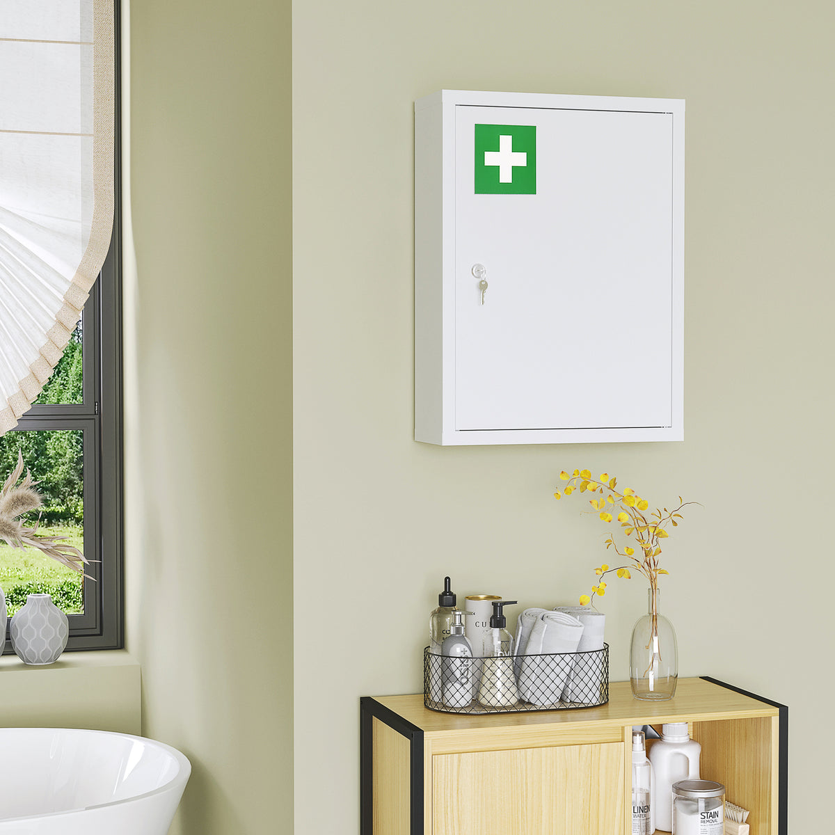 Lockable Medicine Cabinet, 3 Tier Steel Medical Wall Box with 2 Keys and Shelves for Bathroom, White