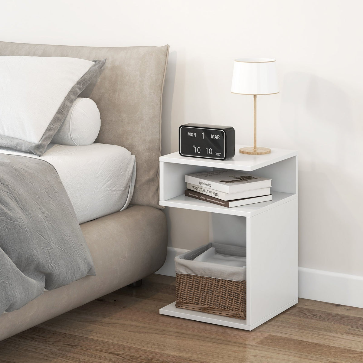 S-Shaped Side Table with Unique S-shaped Frame and 2 Open Compartments-White view 3