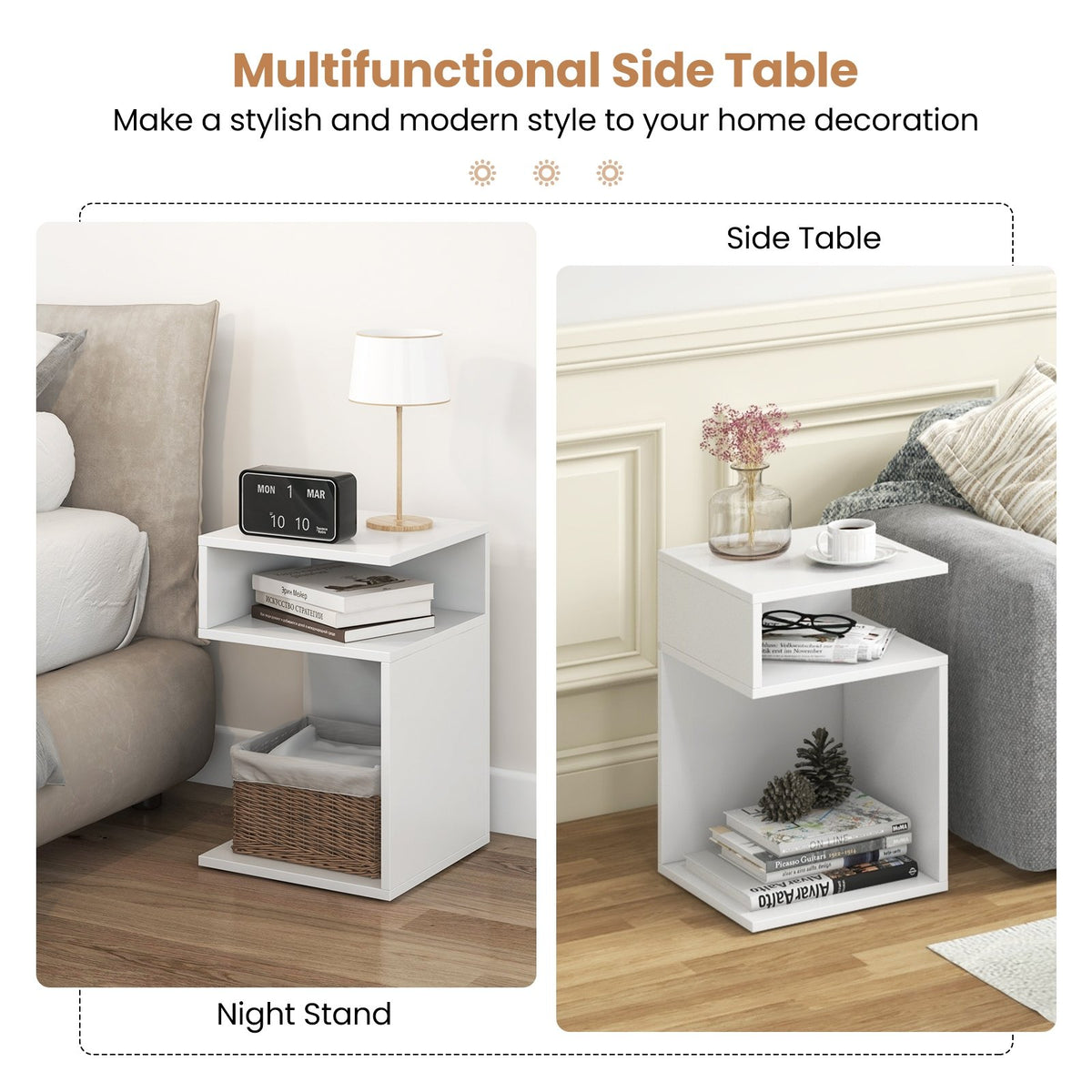 S-Shaped Side Table with Unique S-shaped Frame and 2 Open Compartments-White view 9