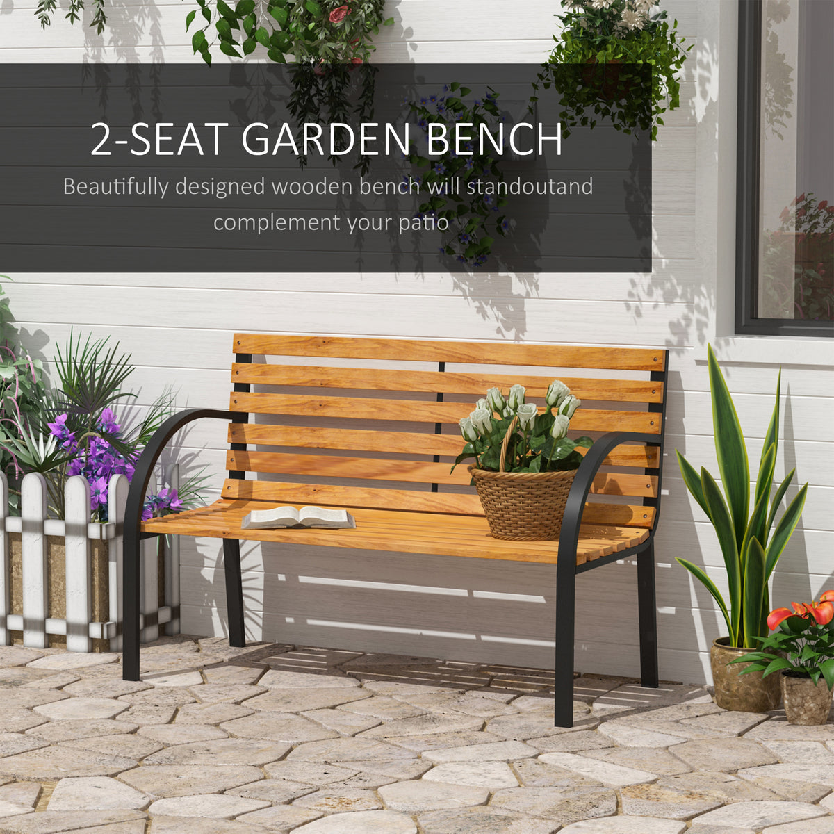 48"L Garden Bench Outdoor Patio 2-Person Wooden Seat Chair Park Loveseat  Yard Furniture w/ Steel Frame