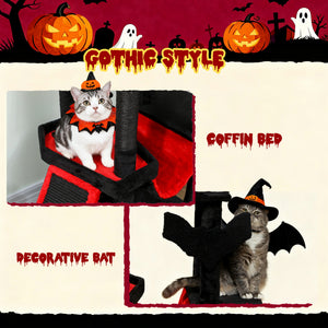 Gothic Cat Tree, 60" Tall Cat Tower with Coffin Bed,  Sisal Scratching Posts & Ramp, Condo, Hammock, Perches, Black