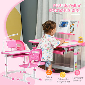 Qaba Kids Desk and Chair Set Height Adjustable Student Writing Desk Children School Study Table with Tilt Desktop