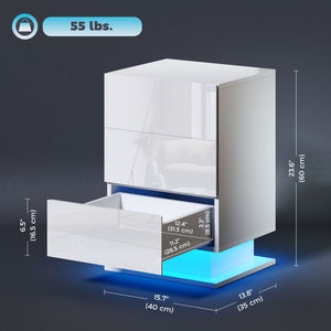 Modern LED Nightstand Bedside Table with Adjustable Colour Lighting & 3 Drawers, APP Control, Glossy White