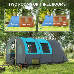 3 Person Camping Tent with Living Room and Bedroom, 3000mm Waterproof Tunnel Large Family Tent, Grey and Blue