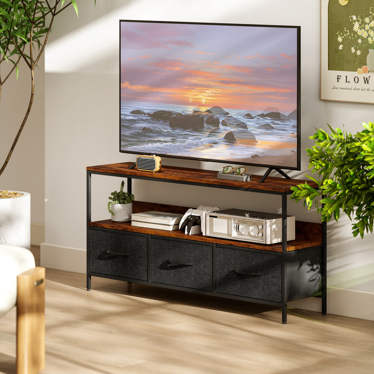 TV Stand with Charging Station, TV Table with 2 Foldable Linen Drawers and Open Shelf for 47 Inch – view 27