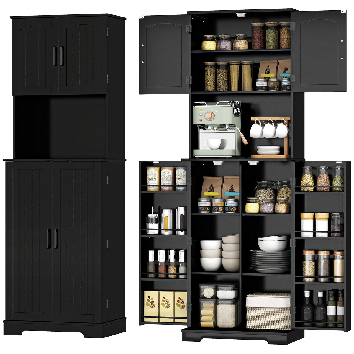 71.5" Tall Pantry Cabinet, Farmhouse Kitchen Storage Cabinet with Adjustable Shelves, 8 Door Spice Racks
