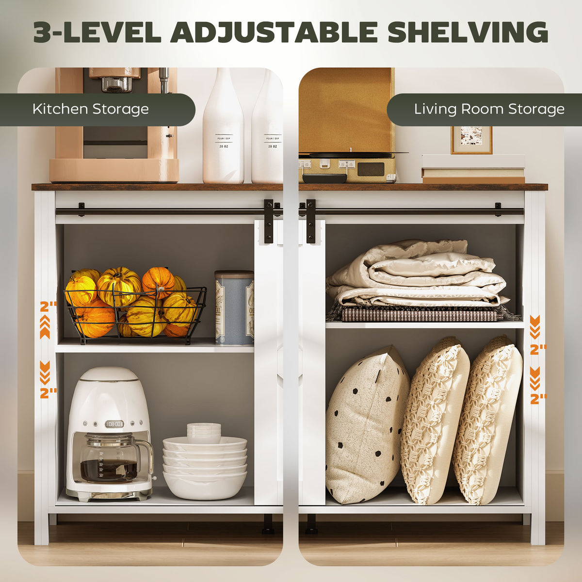 60" Buffet Cabinet, Farmhouse Sideboard with Sliding Barn Doors, Drawers and Adjustable Shelves, Cream White – view 5