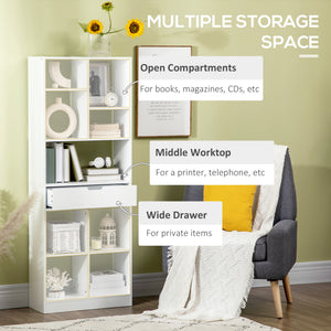 Tall Bookshelf with Drawer, Freestanding Bookcase for Bedroom, Living Room, Home Office, White
