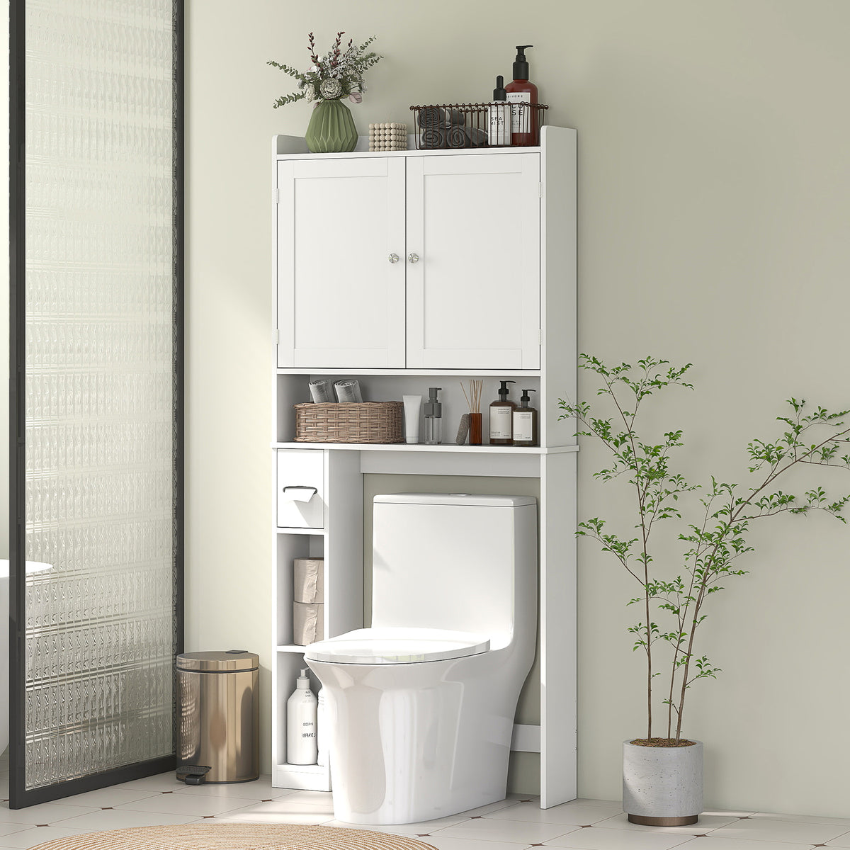 Modern Over the Toilet Storage Cabinet with 2 Doors, Above Commode Storage Cabinet with Toilet Paper – view 14