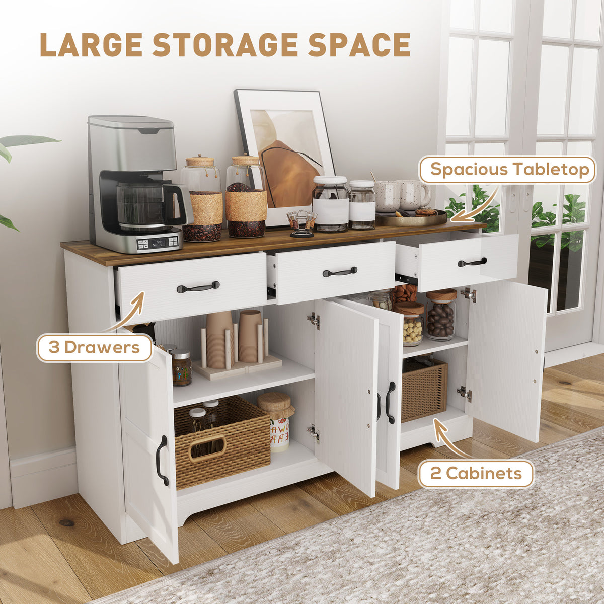 Sideboard Buffet Cabinet with Storage, Modern Coffee Bar Cabinet with 3 Drawers and Adjustable Shelves – view 10