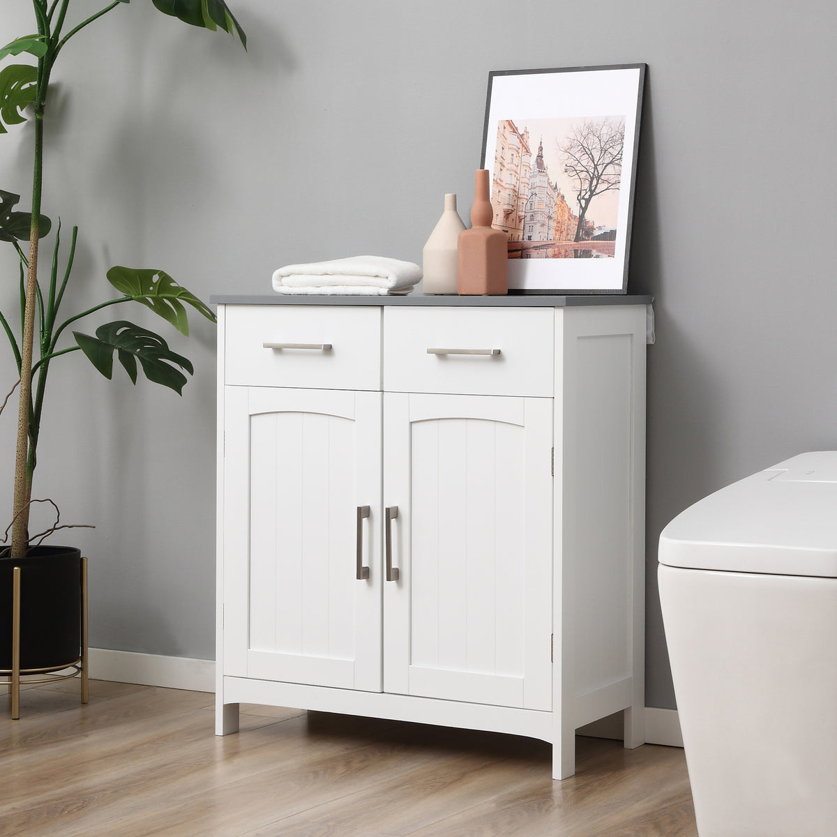 Freestanding Bathroom Cabinet, Storage Cupboard with 2 Drawers, Double Doors, Adjustable Shelf, White