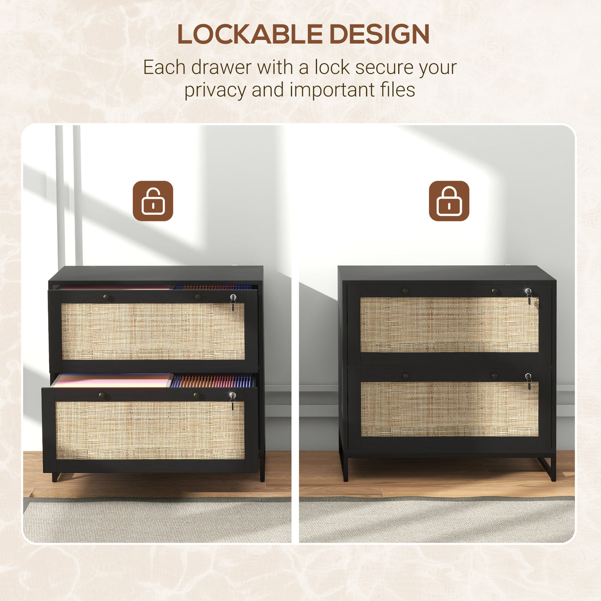 2-Drawer Filing Cabinet with Lock, Rattan File Cabinet with Adjustable Hanging Bar, Natural – view 12