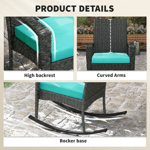 Outdoor Rocking Chair, Patio Wicker Chair Removable Cushion, High Back and Armrests for Porch Balcony, Turquoise