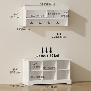 Coat Rack Shoe Bench Set, Entryway Shoe Bench with 8 Storage Cubbies, 4 Hooks for Hallway, Living Room, White