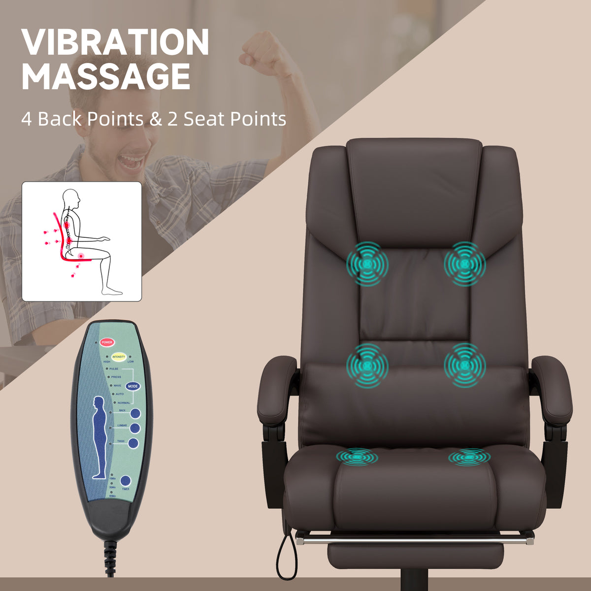6-Point Vibration Massage Chair, Height Adjustable Reclining Computer Chair with Retractable Footrest, Black – view 10