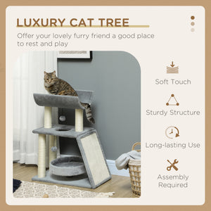 Small Cat Tree with Perch, Scratching Posts, Pad, Bed, Toy Balls, Light Grey