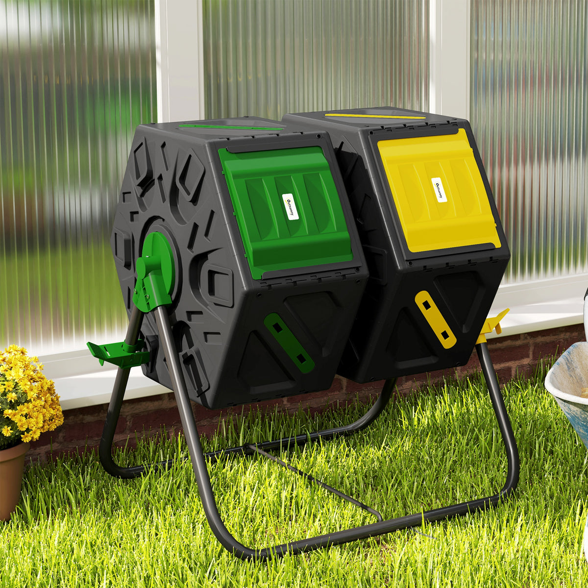 Rotating Composter, Dual Chamber Compost Bin with 24 Vents and Steel Legs, 34.5 Gallon, Brown