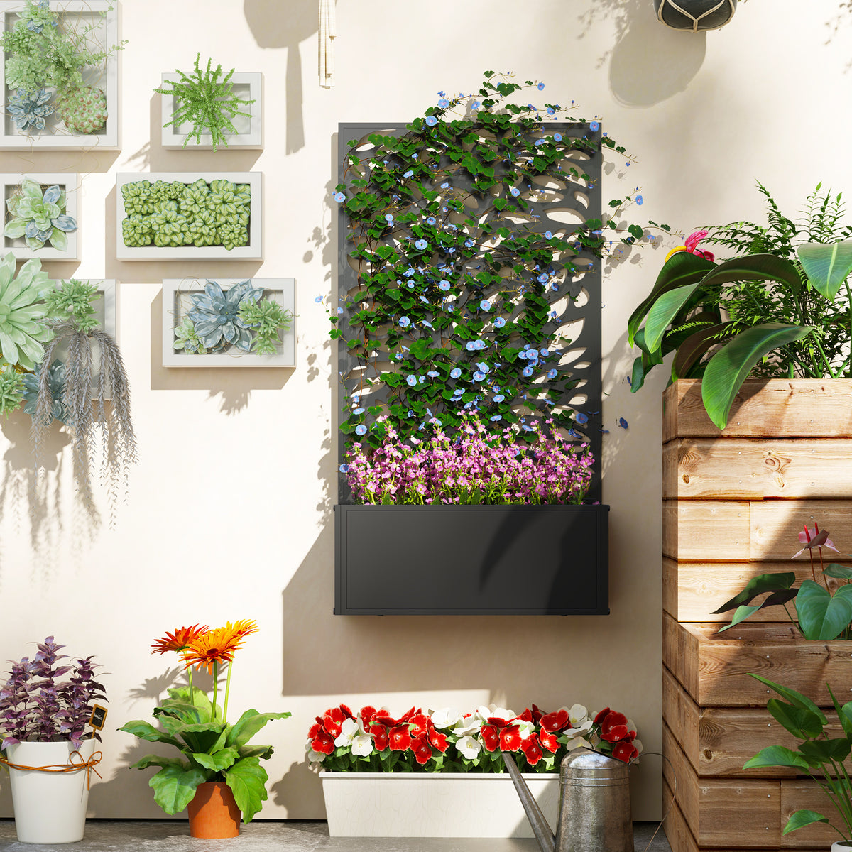 Metal Raised Garden Bed with Privacy Panel, Freestanding or Wall Mounted Outdoor Planter Box for Garden, Patio