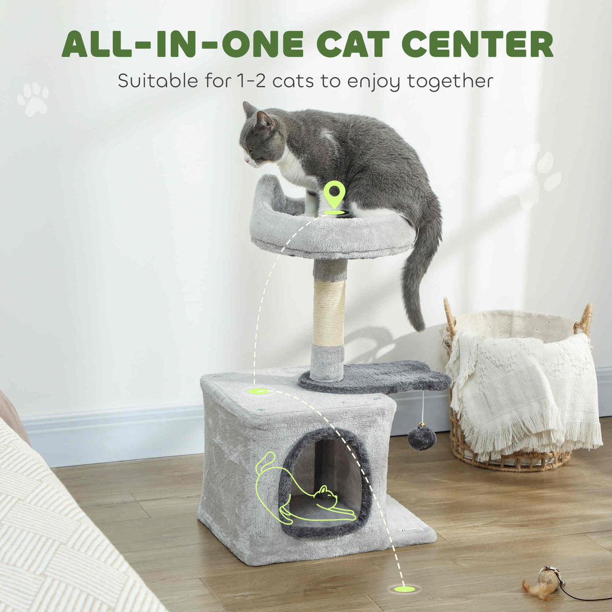 28" Cat Tree Tower with Plush Top Bed, Cozy Condo, Sisal Scratching Post, Perch, Dangling Ball, Beige and Yellow