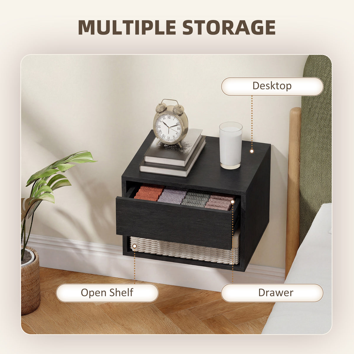 Floating Nightstand Set of 2, Wall Mounted Bedside Table with Drawer for Bedroom Black – view 6