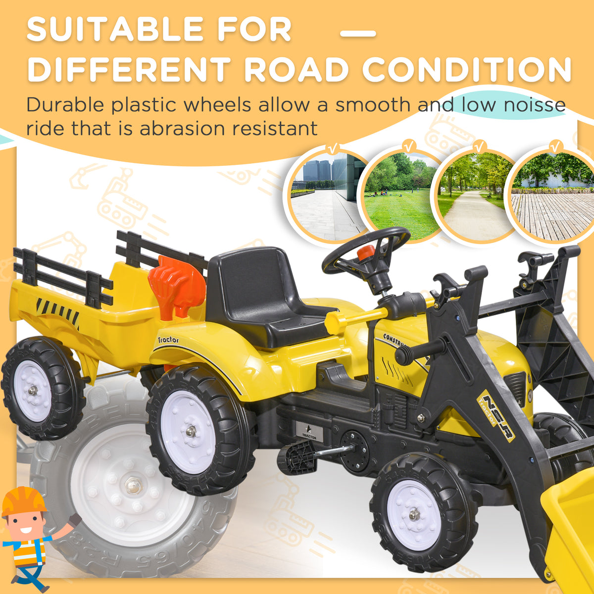Aosom Front Loader Excavator Ride On Toy Pedal Control with 6 Wheels Controllable Bucket for 3 Years Old, Yellow
