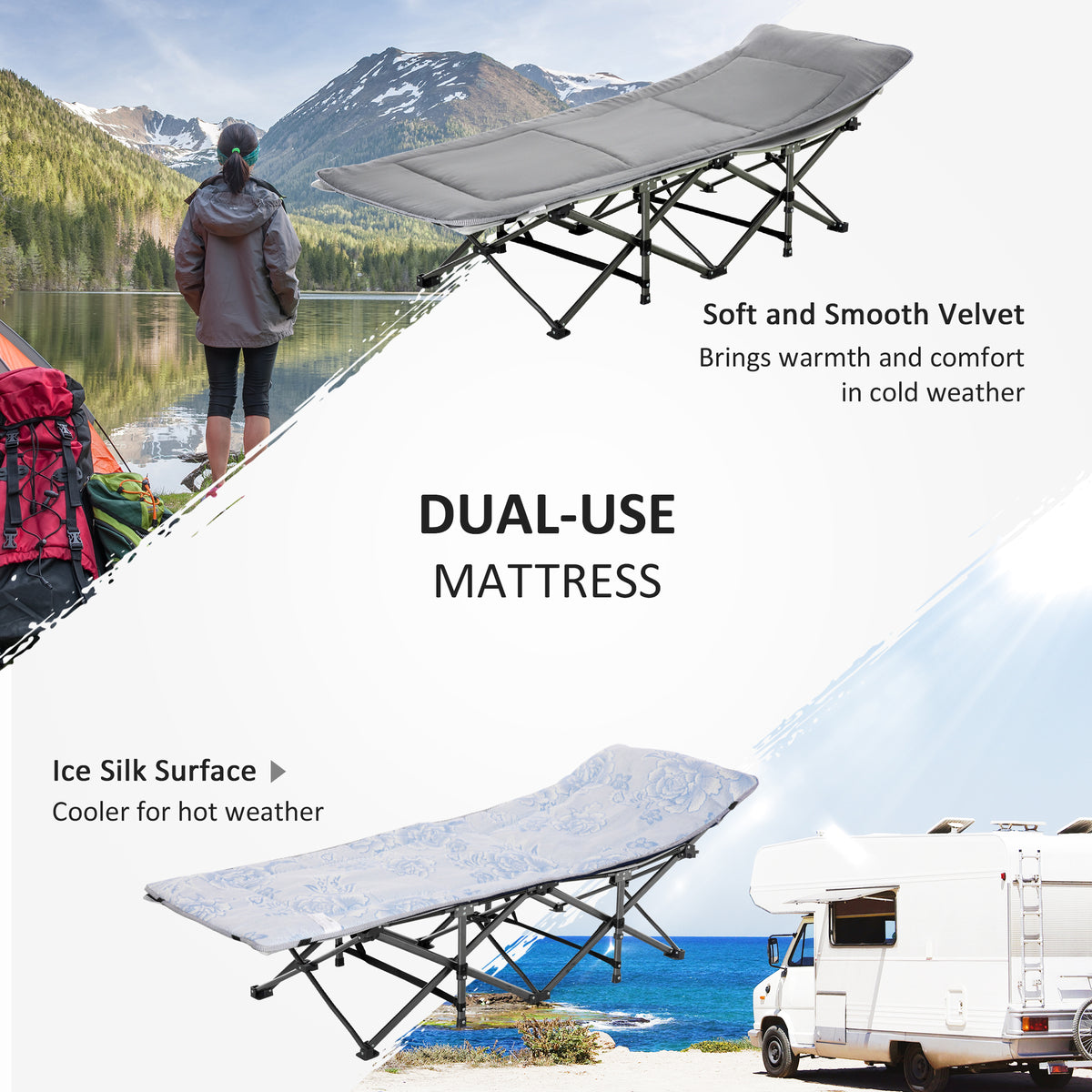 Folding Camping Cot with Mat & Pillow, Double Layer Oxford Heavy Duty Sleeping Cot with Carry Bag Blue – view 10