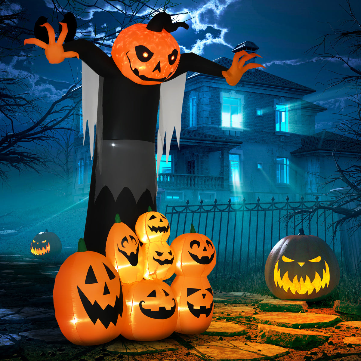 9ft Inflatable Halloween Decoration Pumpkin Ghost with Pumpkins, Blow-Up Outdoor LED Display for Lawn, Garden, Party