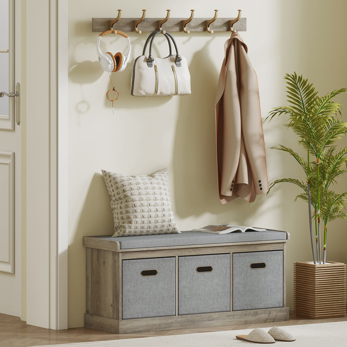 Shoe Storage Bench with Seat, Entryway Bench Seat with Cushion, 3 Fabric Drawers for Hallway, Dark Grey – view 14
