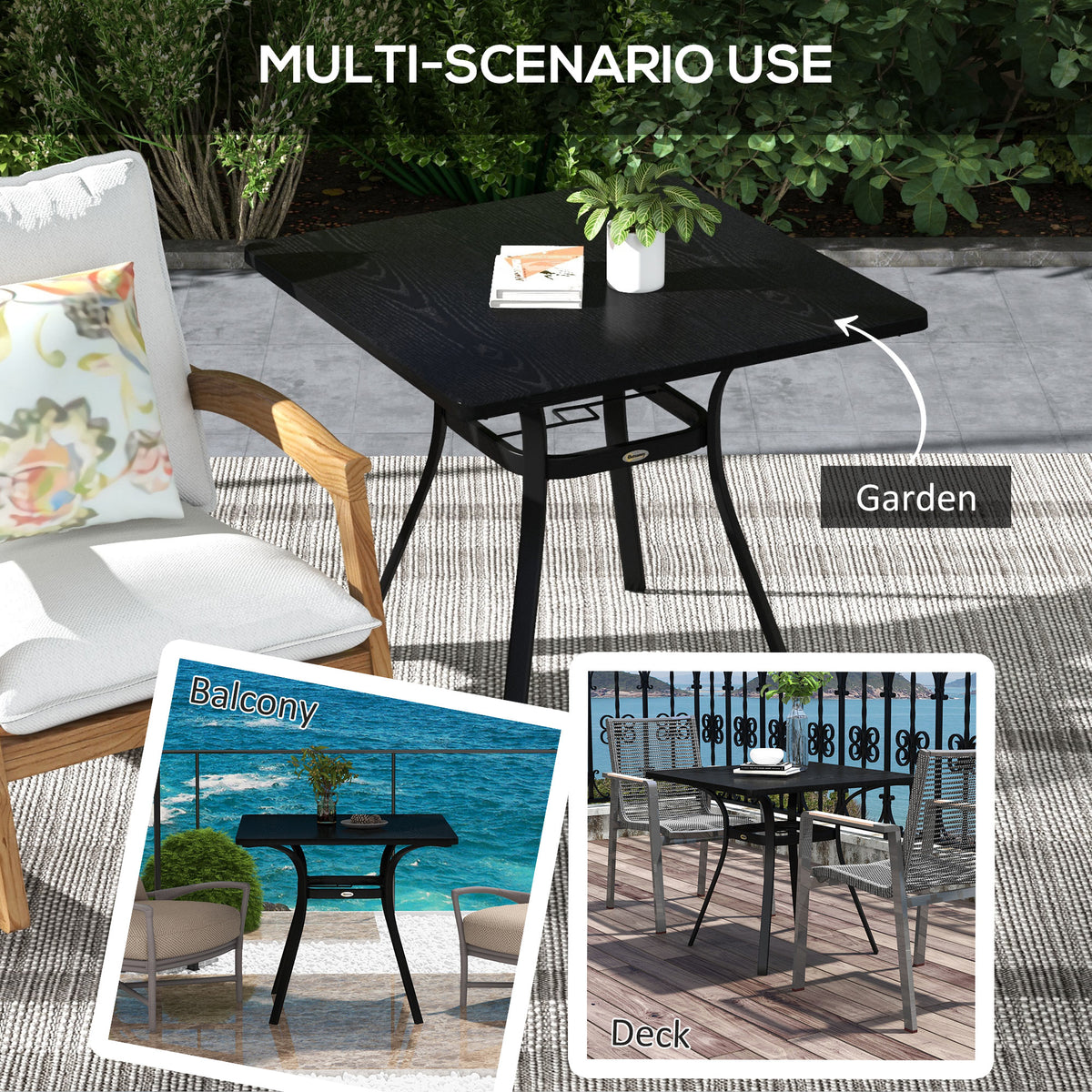 Rectangle Patio Dining Table for 4 People with Steel Legs, Metal Tabletop for Garden, Backyard, Lawn, Balcony, Black