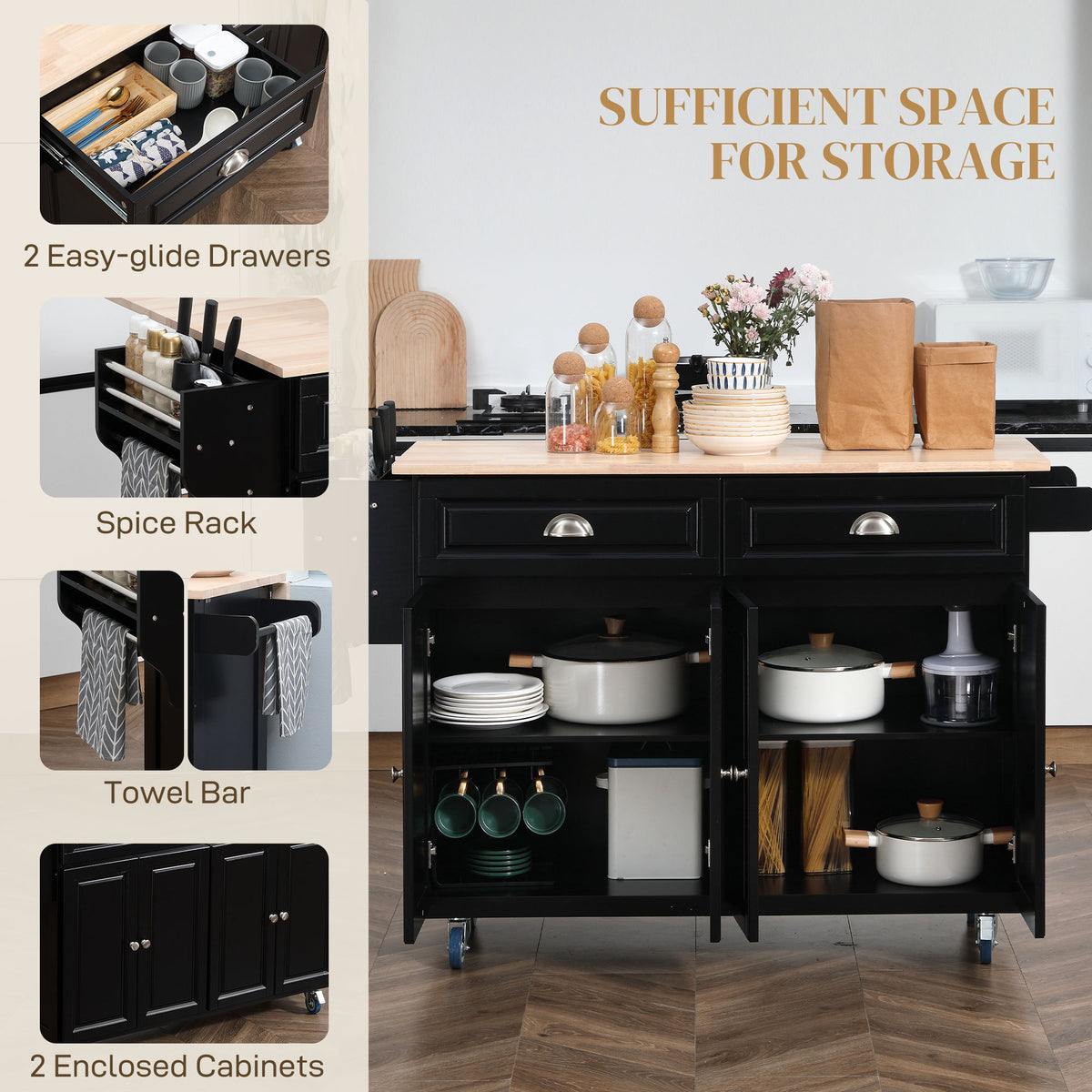 Kitchen Island with Storage, Rolling Kitchen Island with Drop Leaf, Rubber Wood Top and Adjustable Shelves, Black