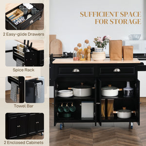 Kitchen Island with Storage, Rolling Kitchen Island with Drop Leaf, Rubber Wood Top and Adjustable Shelves, Black