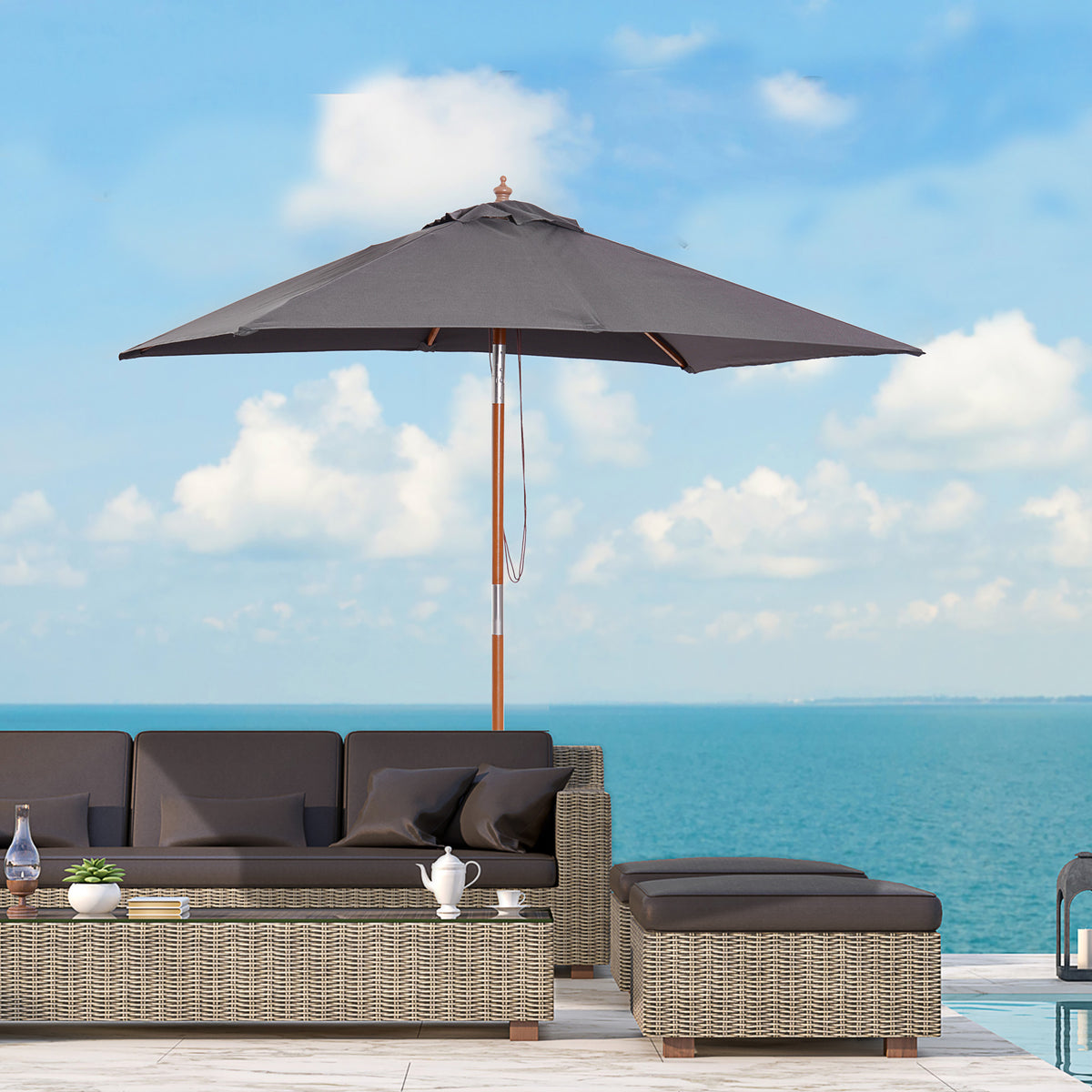 6.6x5ft Square Market Parasol, Wooden Patio Umbrella with Tilt Mechanism and 6 Bamboo Ribs – view 7