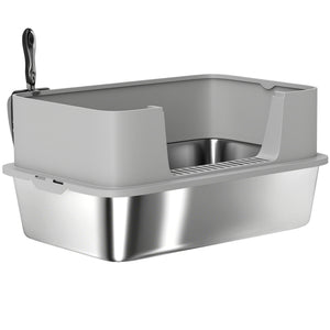 Stainless Steel Litter Box, XL High Sided Cat Litter Box with Scoop, Anti Leakage & Easy to Clean, 24" x 16" x 12", Grey