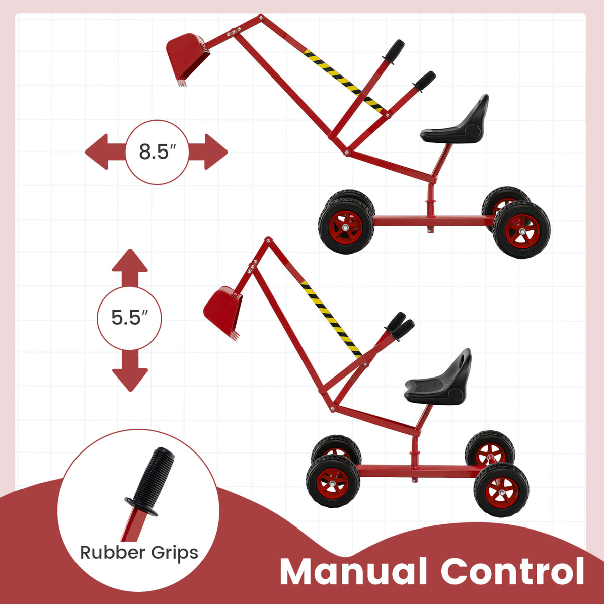 Sand Digger for Kids with 2-Handed Controls and Flexible Shovel-Red view 5