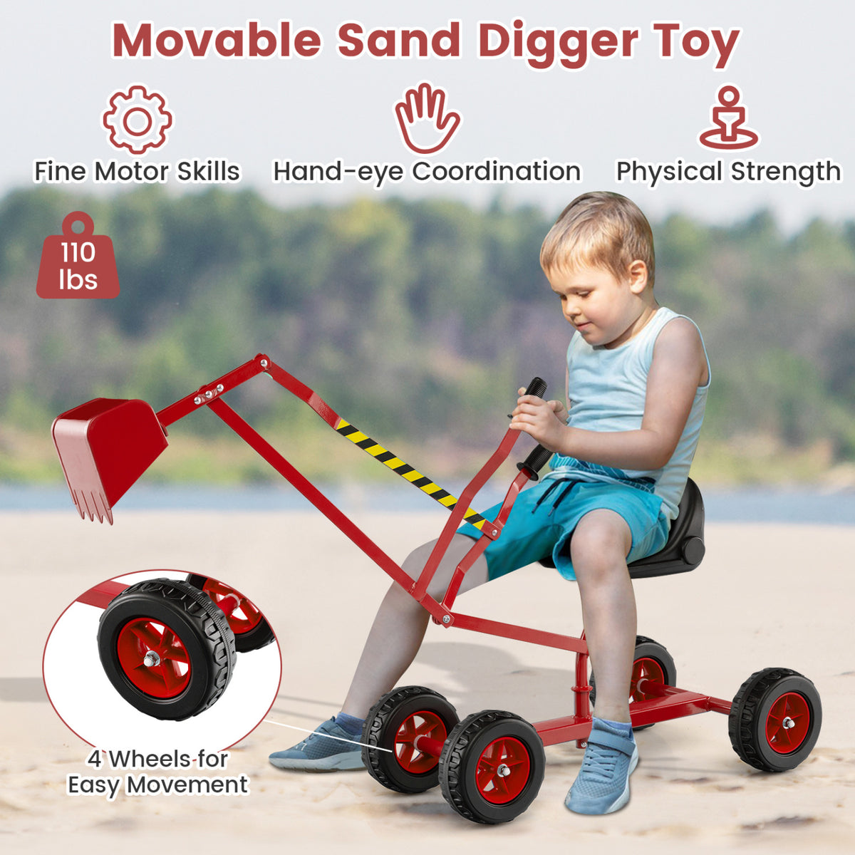 Sand Digger for Kids with 2-Handed Controls and Flexible Shovel-Red view 9