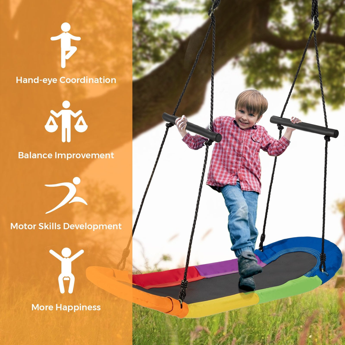 Saucer Tree Swing Surf Kids Outdoor Adjustable Oval Platform Set with Handle-Multicolor view 3