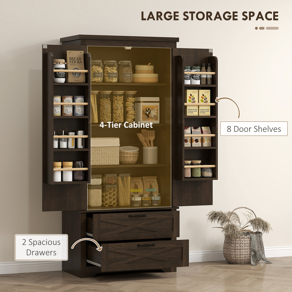 Farmhouse Kitchen Pantry Storage Cabinet, 64" Freestanding Kitchen Pantry Cabinet with Drawers – view 11
