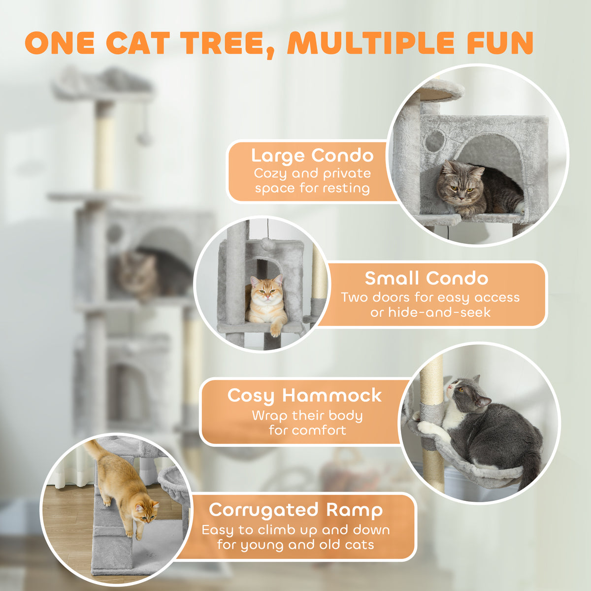 63 Inch Cat Tree with Sisal Scratching Posts, Condos, Plush Perches, Hammock, Ladder, Dangling Balls, Beige – view 17