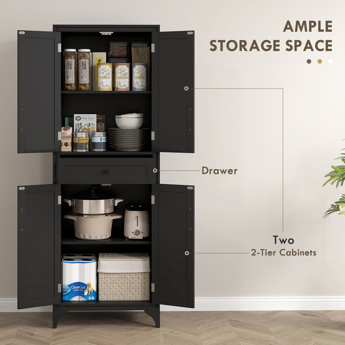 Freestanding Storage Cabinet, Kitchen Pantry Cabinet with 2 Shelves, 4 Doors for Dining Room, Black – view 3