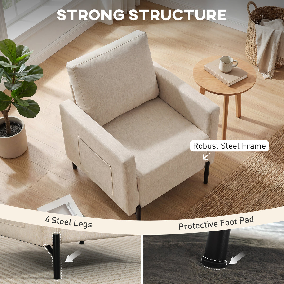 Accent Chair Modern Upholstered Armchair with Side Pockets and Cushion for Bedroom, Living Room, Beige – view 4
