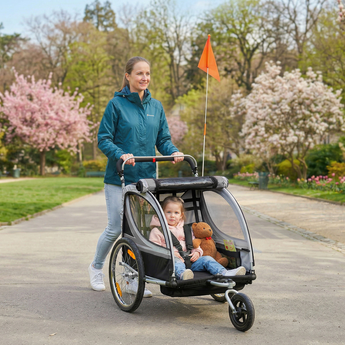 Aosom 2 Seat Bike Trailer for Kids 2-in-1 Double Baby Stroller with Handbrake, Rubber Wheels, 5 Point Harness, Waterproof Cover, Storage Bag, Reflectors