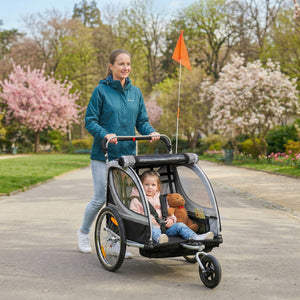 Aosom 2 Seat Bike Trailer for Kids 2-in-1 Double Baby Stroller with Handbrake, Rubber Wheels, 5 Point Harness, Waterproof Cover, Storage Bag, Reflectors