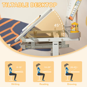 Qaba Kids Desk and Chair Set Height Adjustable Student Writing Desk Children School Study Table with Tilt Desktop