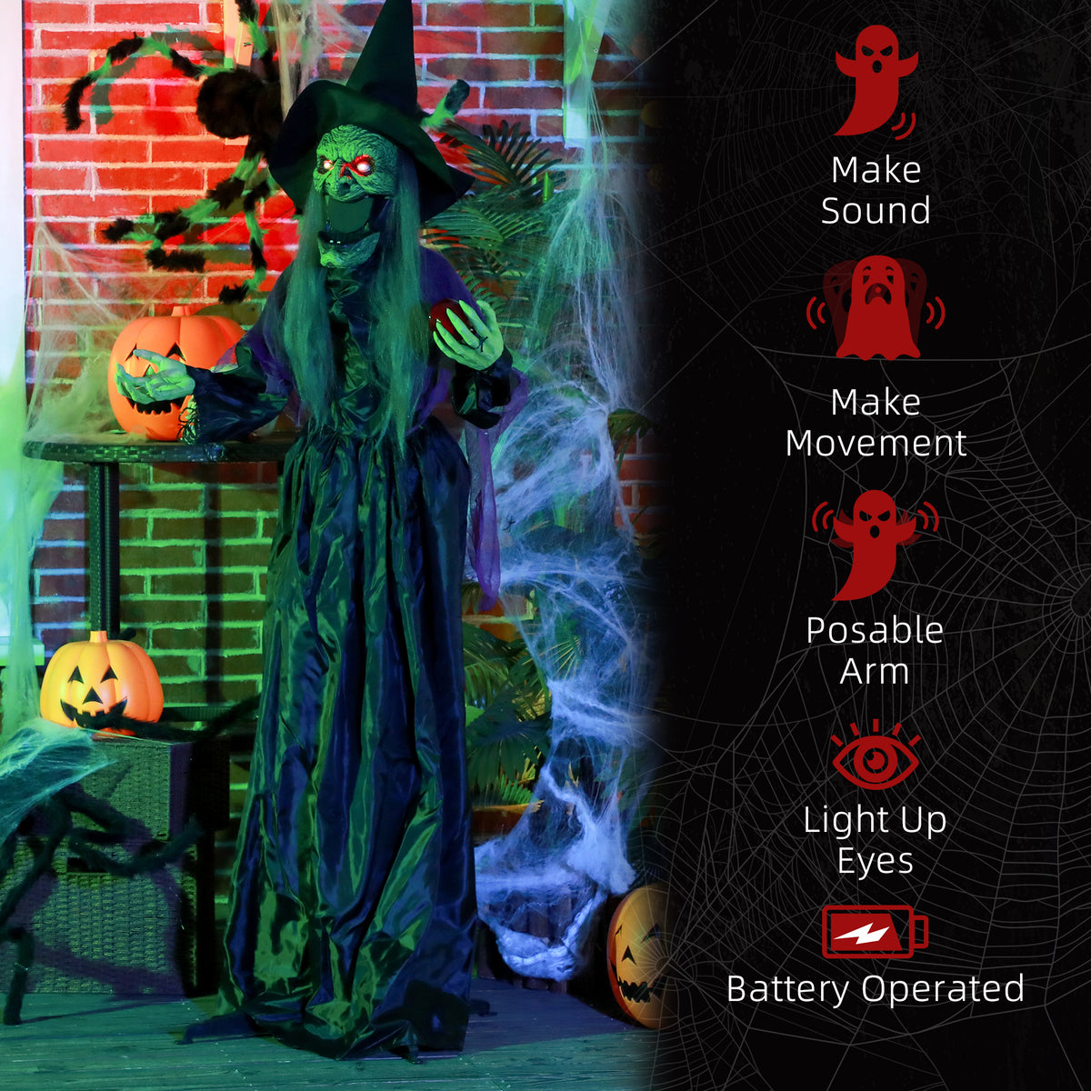 5.9' Life Size Decoration Animatronic Old Witch Outdoor Halloween, Sound and Motion Activated w/ Light Up Eyes